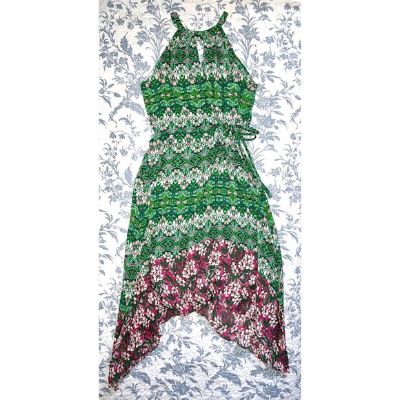BCBGMAXAZRIA Keelie Asymmetrical Halter Dress - Kelly Green & Pink Floral Print - Picture 2 of 10